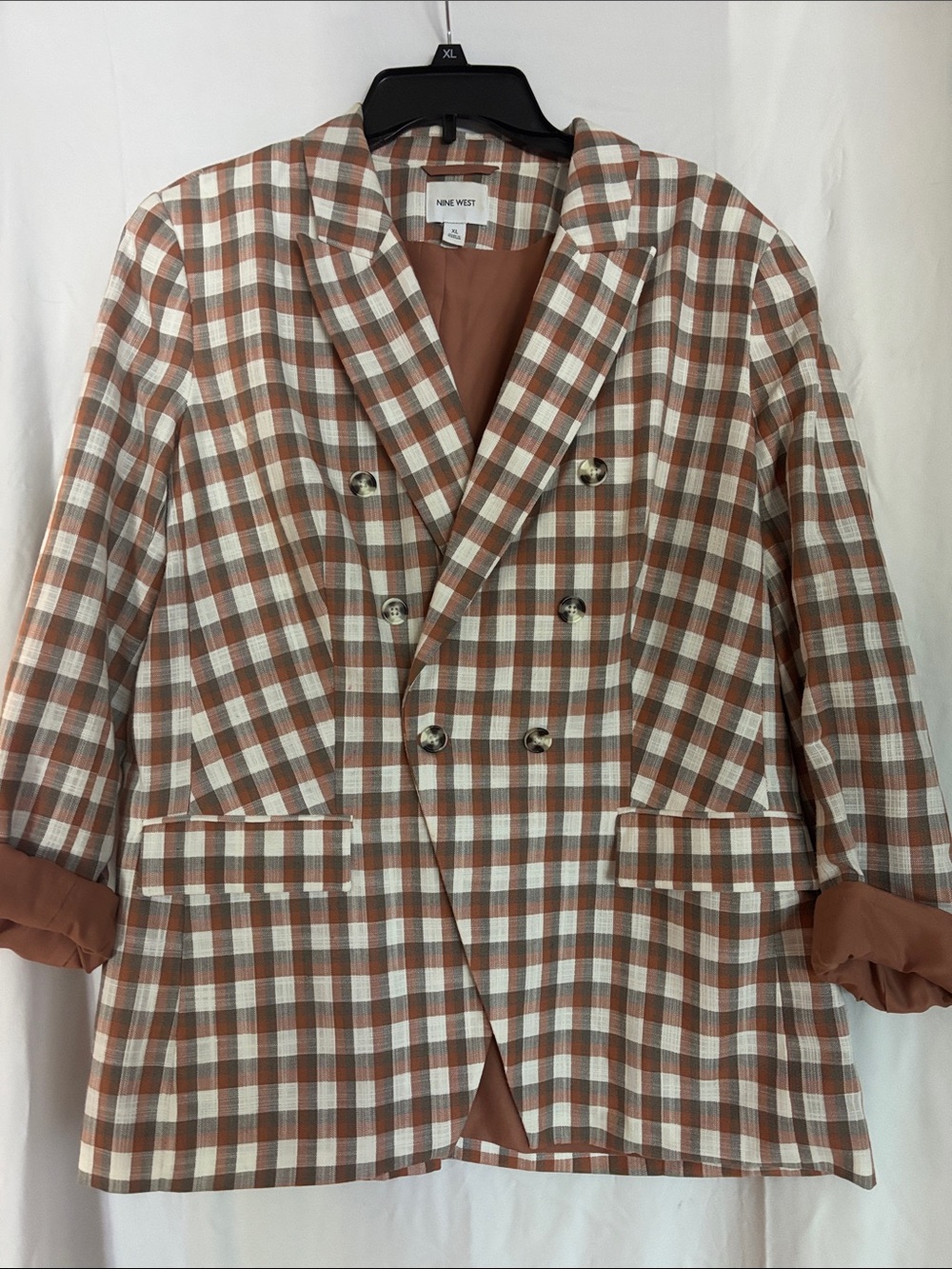 Nine West Rust and White Plaid Double-Breasted Blazer with Rolled Sleeves